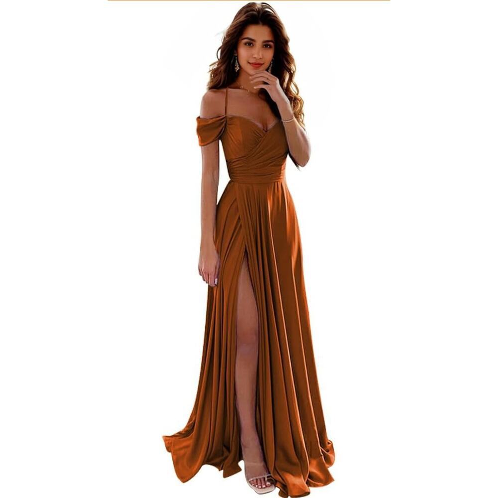 Formal satin pleated Off Shoulder Maxi Dress Slit Size 2 Copper Prom Wedding